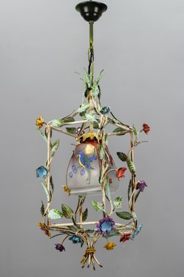 French Tole and Glass Polychrome Pastel Flower Cage Pendant Light, 1950s-KEG-1367635