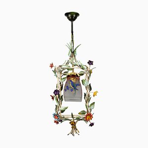 French Tole and Glass Polychrome Pastel Flower Cage Pendant Light, 1950s-KEG-1367635