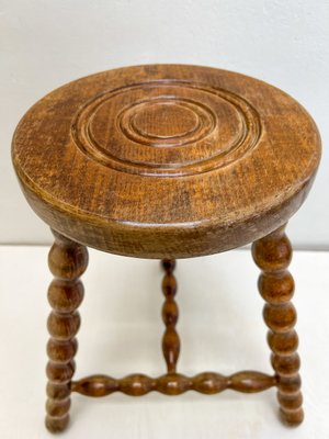 French Tripod Bobbin Turned Wooden Stool, 1950s-WZZ-2023556