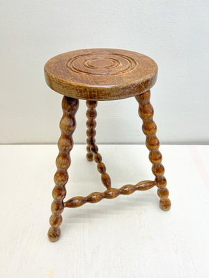 French Tripod Bobbin Turned Wooden Stool, 1950s-WZZ-2023556