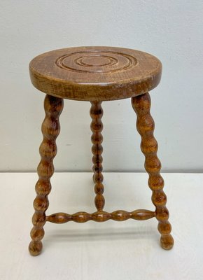 French Tripod Bobbin Turned Wooden Stool, 1950s-WZZ-2023556