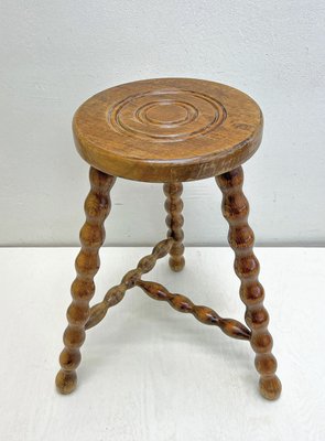 French Tripod Bobbin Turned Wooden Stool, 1950s-WZZ-2023556