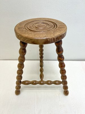 French Tripod Bobbin Turned Wooden Stool, 1950s-WZZ-2023556