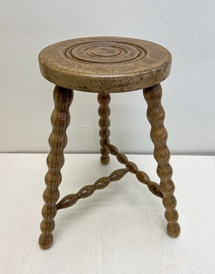 French Tripod Bobbin Turned Wooden Stool, 1950s-WZZ-2023556