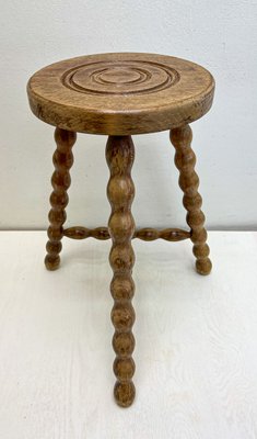 French Tripod Bobbin Turned Wooden Stool, 1950s-WZZ-2023556