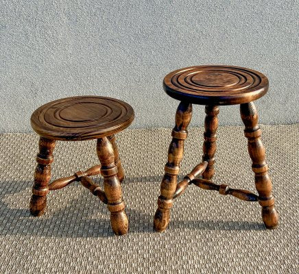 French Tripod Turned Wood Stools in the style of Charles Dudouyt, 1960s, Set of 2-WZZ-1782423