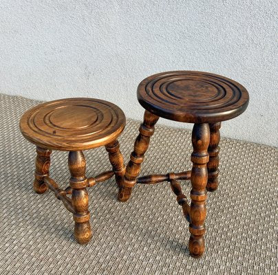 French Tripod Turned Wood Stools in the style of Charles Dudouyt, 1960s, Set of 2-WZZ-1782423