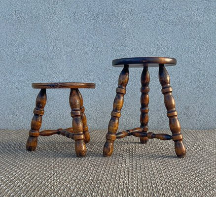 French Tripod Turned Wood Stools in the style of Charles Dudouyt, 1960s, Set of 2-WZZ-1782423