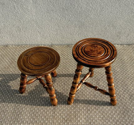 French Tripod Turned Wood Stools in the style of Charles Dudouyt, 1960s, Set of 2-WZZ-1782423