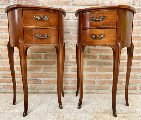 French Walnut Demilune Bedside Tables or Nightstands with 2 Drawers, Set of 2-NOU-1279644