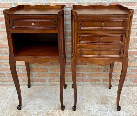 French Walnut Nightstand with Drawers and Shelf, 1950s, Set of 2-NOU-1426419