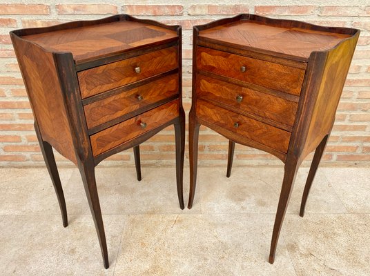 French Walnut Nightstands with 3 Drawers, 1940s, Set of 2-NOU-1431996