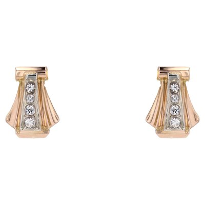 French White Sapphire 18 Karat Rose Gold Lever Back Fan Earrings, 1930s, Set of 2-OLU-2042366