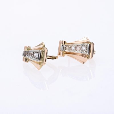 French White Sapphire 18 Karat Rose Gold Lever Back Fan Earrings, 1930s, Set of 2-OLU-2042366