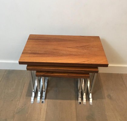 French Wood and Chrome Nesting Tables, 1970s, Set of 3-BA-658364