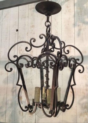 French Wrought Iron and Cut Lantern, 1940s-BA-1365714