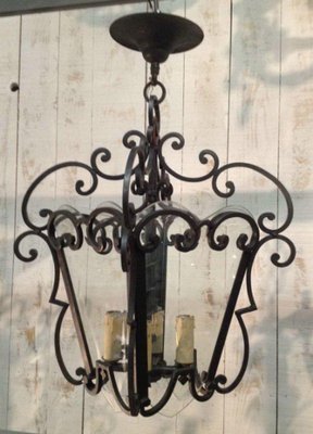 French Wrought Iron and Cut Lantern, 1940s-BA-1365714