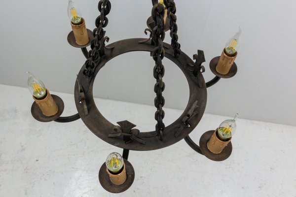 French Wrought Iron Fleur-De-Lys Chandelier, 1940s-RIU-1142237