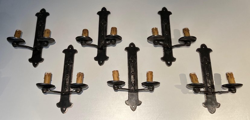 French Wrought Iron Sconces, 1950s, Set of 6-BA-1705391