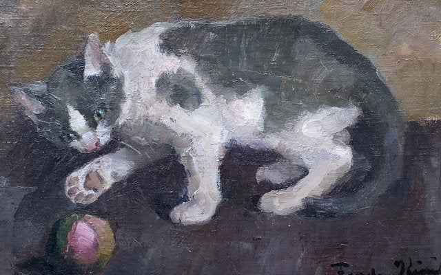 Frode Kierulf, Danish Impressionist Painting, Playing Cat, 1916, Oil on Canvas, Framed-QFT-1282914