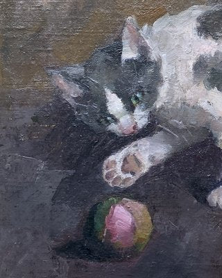 Frode Kierulf, Danish Impressionist Painting, Playing Cat, 1916, Oil on Canvas, Framed-QFT-1282914