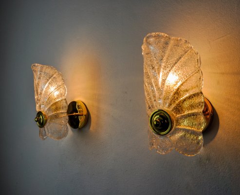 Frosted Leaf Sconces in Murano Glass, Italy, 1970, Set of 2-EJE-1686650