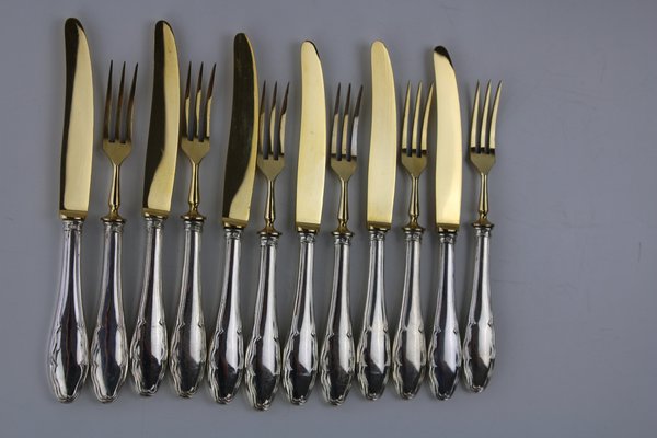 Fruit Cutlery with 800 Silver Handle & Gilded Stainless Steel Blade, 1900s, Set of 12-ZWH-1385434