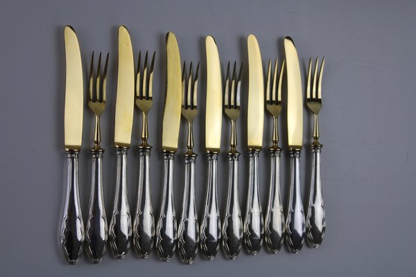 Fruit Cutlery with 800 Silver Handle & Gilded Stainless Steel Blade, 1900s, Set of 12-ZWH-1385434