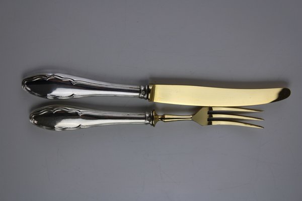 Fruit Cutlery with 800 Silver Handle & Gilded Stainless Steel Blade, 1900s, Set of 12-ZWH-1385434