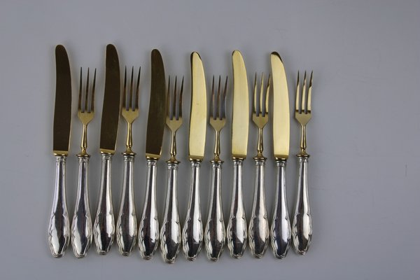 Fruit Cutlery with 800 Silver Handle & Gilded Stainless Steel Blade, 1900s, Set of 12-ZWH-1385434