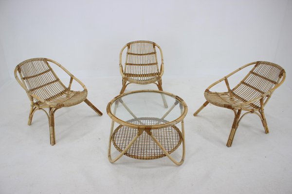 Garden Rattan Table and Armchairs by Alan Fuchs, 1970s, Set of 4-TZ-1117889