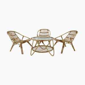 Garden Rattan Table and Armchairs by Alan Fuchs, 1970s, Set of 4-TZ-1117889