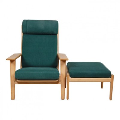 GE-290A Lounge Chair with Ottoman in Green Fabric by Hans Wegner for Getama, 1990s, Set of 2-MTD-1400694