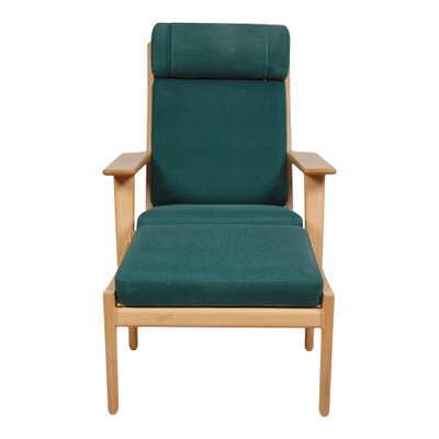 GE-290A Lounge Chair with Ottoman in Green Fabric by Hans Wegner for Getama, 1990s, Set of 2-MTD-1400694