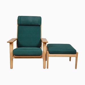 GE-290A Lounge Chair with Ottoman in Green Fabric by Hans Wegner for Getama, 1990s, Set of 2-MTD-1400694