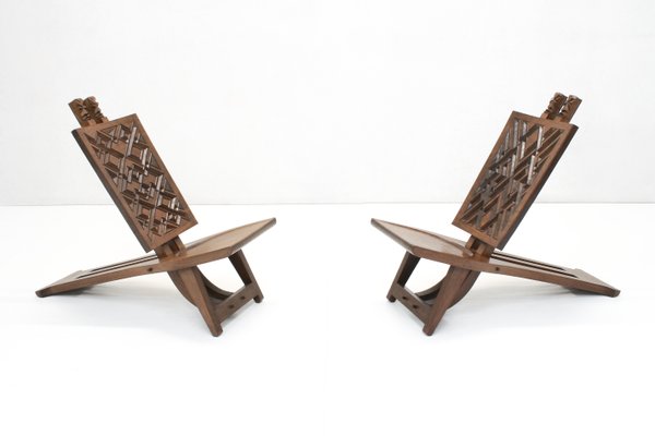 Geometric Carved Low Slung Tribal Palaver Chairs, 1960s, Set of 2-SES-1330694