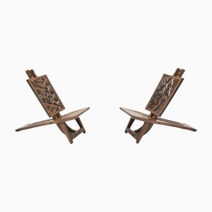 Geometric Carved Low Slung Tribal Palaver Chairs, 1960s, Set of 2-SES-1330694