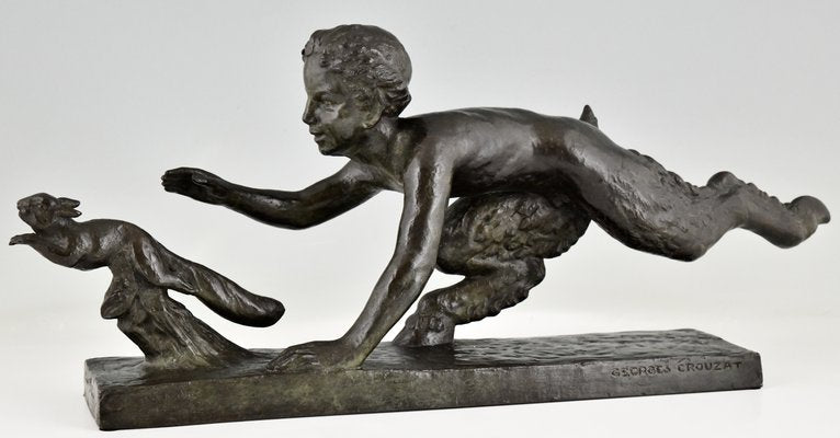 Georges Crouzat, Art Deco Faun and Squirrel, 1934, Bronze-KTN-1422846