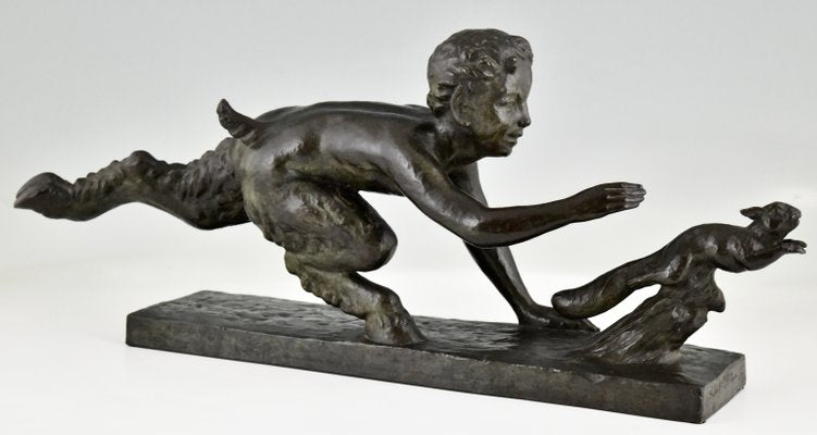 Georges Crouzat, Art Deco Faun and Squirrel, 1934, Bronze-KTN-1422846