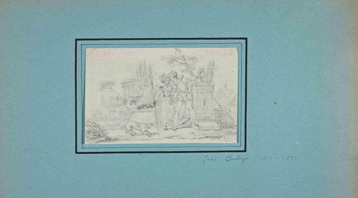 Georges Jean Aubry, Couple in the Park, Original Drawing, 19th-Century-ZCI-1267809