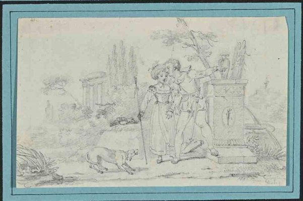 Georges Jean Aubry, Couple in the Park, Original Drawing, 19th-Century-ZCI-1267809