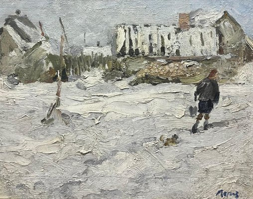 Georgij Moroz, Woman and Dog in the Snow, 1977, Oil Painting, Framed-QUE-1406960