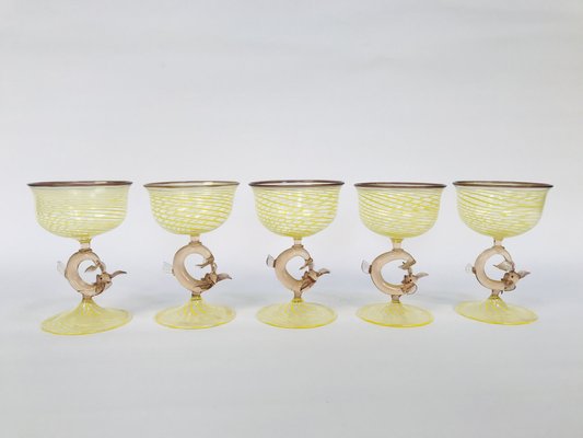 German Art Deco Handcrafted Champagne Glasses with Fish-Shaped Stems from Lauscha Glashütte, 1920s, Set of 5-JP-1219758