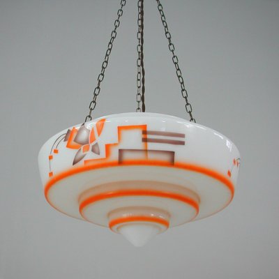 German Art Deco Pendant Lamp in Enameled Glass and Brass, 1930s-OE-933630