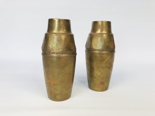 German Art Nouveau Wrought & Hammered Brass Vases from WMF, 1920s, Set of 2-JP-788427