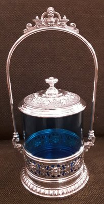 German Biscuit Box with Decorated Silver-Plated Metal Frame and Original Blue Glass Insert from WMF, 1900-HOI-1408828