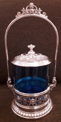 German Biscuit Box with Decorated Silver-Plated Metal Frame and Original Blue Glass Insert from WMF, 1900-HOI-1408828