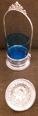 German Biscuit Box with Decorated Silver-Plated Metal Frame and Original Blue Glass Insert from WMF, 1900-HOI-1408828