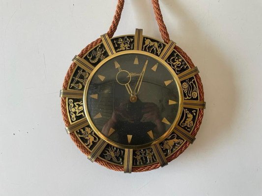 German Brass Zodiac Signs Wind Up Wall Clock with Rope Hanger by Atlanta, 1960s-RDS-1307147