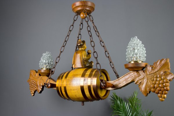 German Carved Wood Two-Light Wine Cellar Chandelier-KEG-1086471